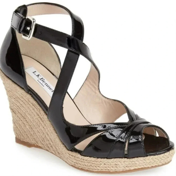 Lk Bennet Maggie Sandal Wedge Espadrilles Patent Leather Heels Black 39.5 US 9 - Picture 1 of 11